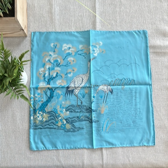 100% Silk Hand-Rolled Scarf With Birds Blue Made In Thailand NWT